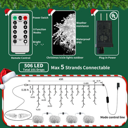 Ryblgled Icicle Christmas Lights for Outside - 65Ft 506 LED Plug-in Icicle String Lights Outdoor Decorations with Remote,Waterproof, Cool White Christmas Icicle Lights for House Bedroom Balcony Decor