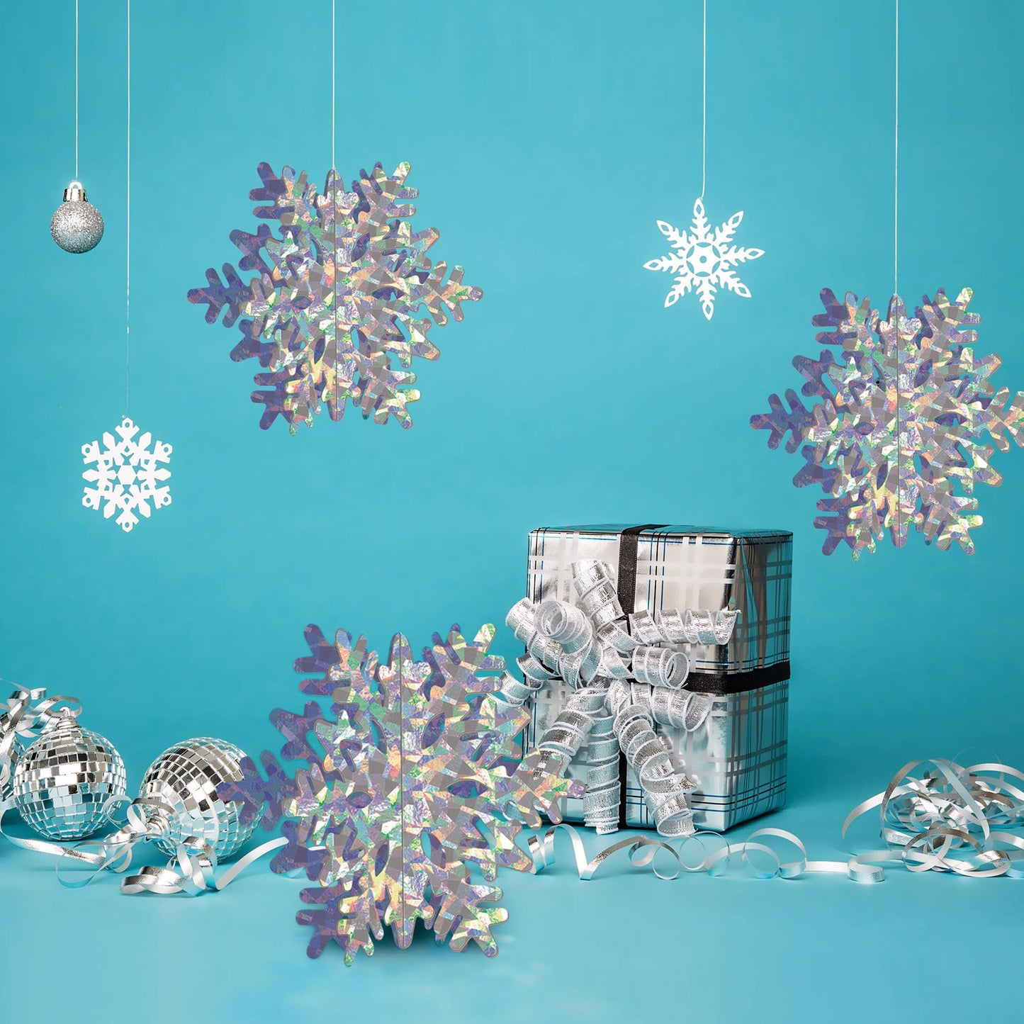 Beistle 3-D Prismatic Silver Snowflake Centerpieces, 10" Tall, Set of 3 - Holiday Winter Wonderland Snow Table Decoration