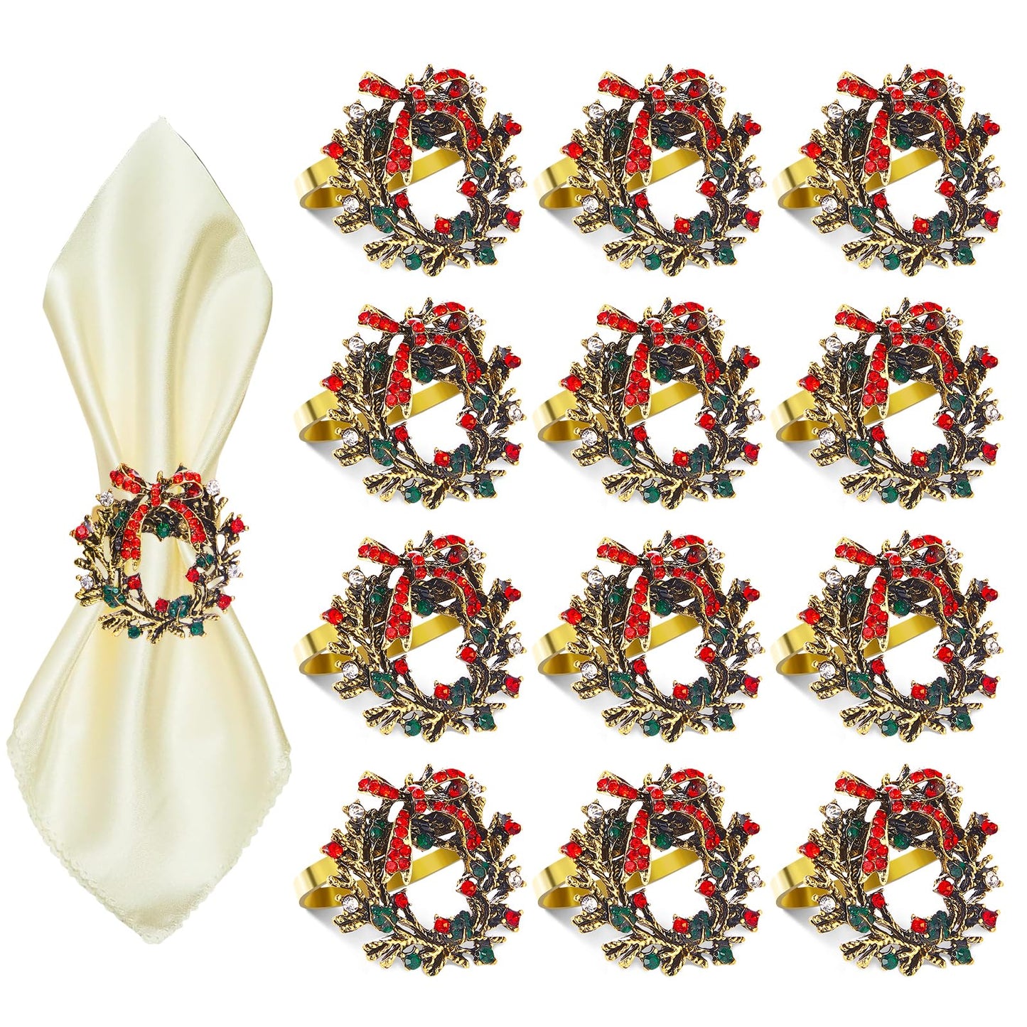 ZeeDix Christmas Wreath Napkin Rings Set of 12, Holiday Rhinestone Christmas Napkin Ring Holders for Cloth Napkins, Napkin Buckle for Thanksgiving Holiday Dinner Table Decor