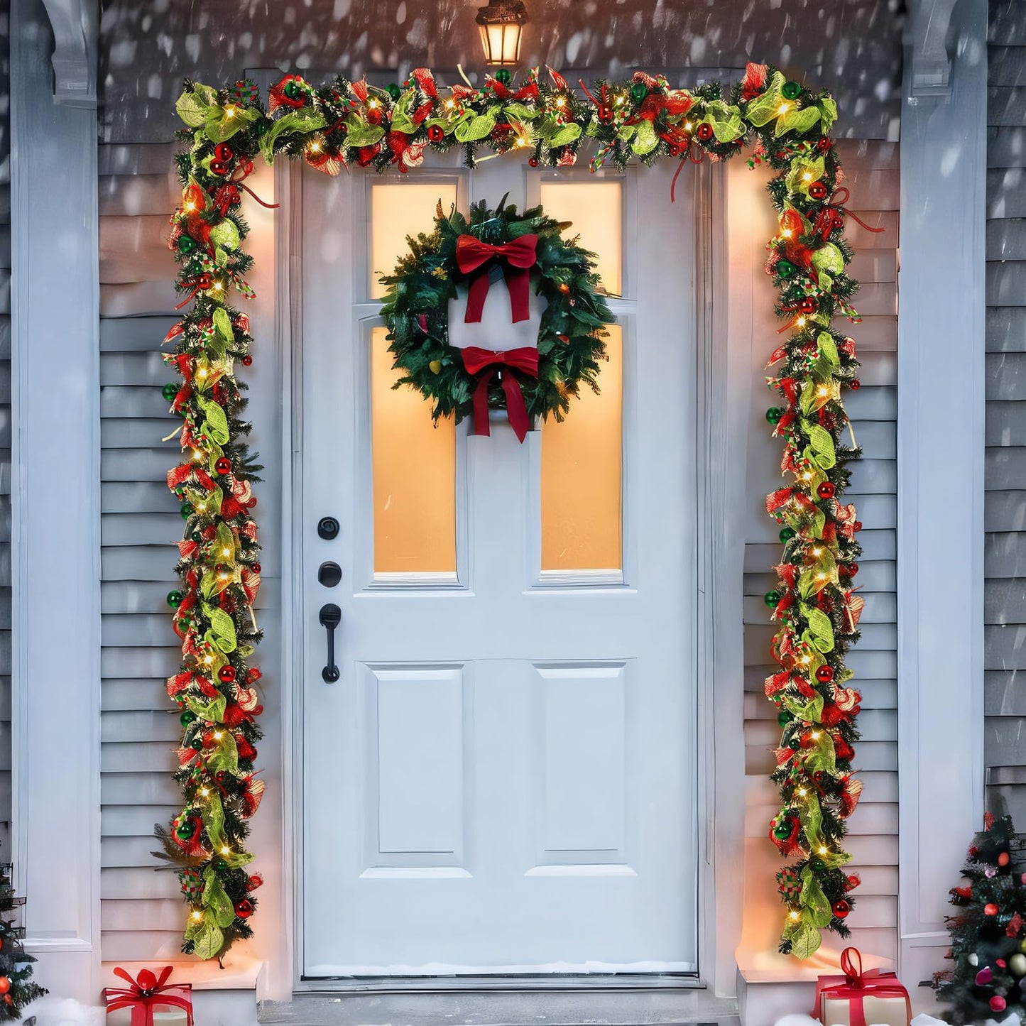 Riceshoot 6 ft Red and Green Christmas Garland with Lights for Mantle Bright Green Whimsical Xmas Garland with Red Green Balls for Front Door Fireplace Porch Table Centerpiece Outdoor Party Decor