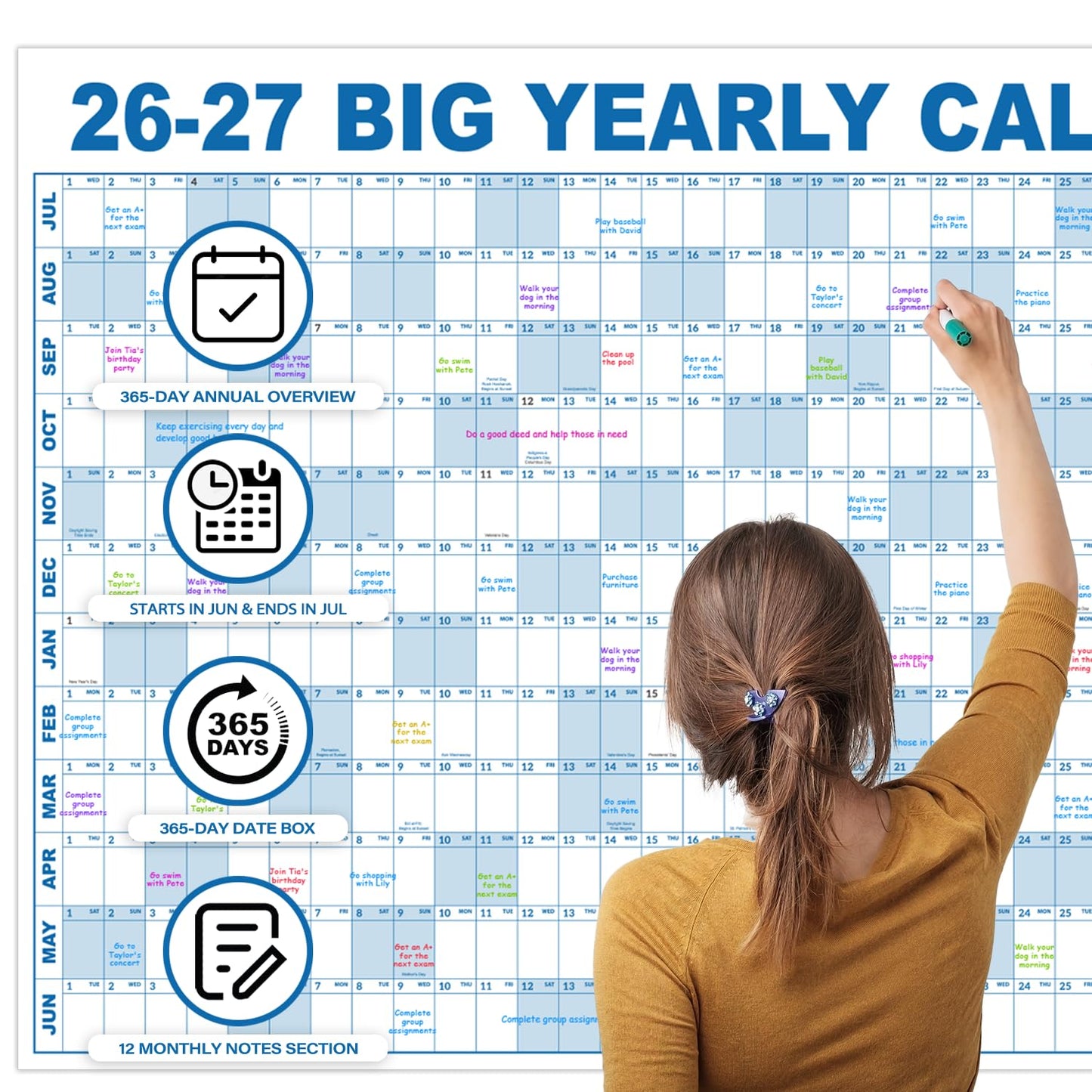 2026-2027 Dry Erase Wall Calendar - July 2026- June 2027, 35.2" x 50", Extra Large Yearly Wall Calendar 2026-2027, 12-Month Note Section & 365 Daily Block, 10 Round Stickers, Perfect for Home, Office and School