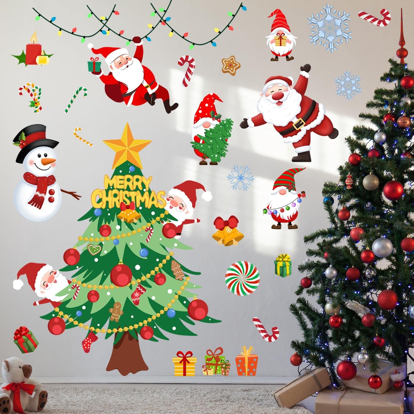 41.33 x 41.33 Inch Christmas Tree Wall Decal Christmas Santa Claus Snowmen Wall Stickers Removable Xmas Wall Decor for Christmas Holiday Party Supplies Home Window Decor