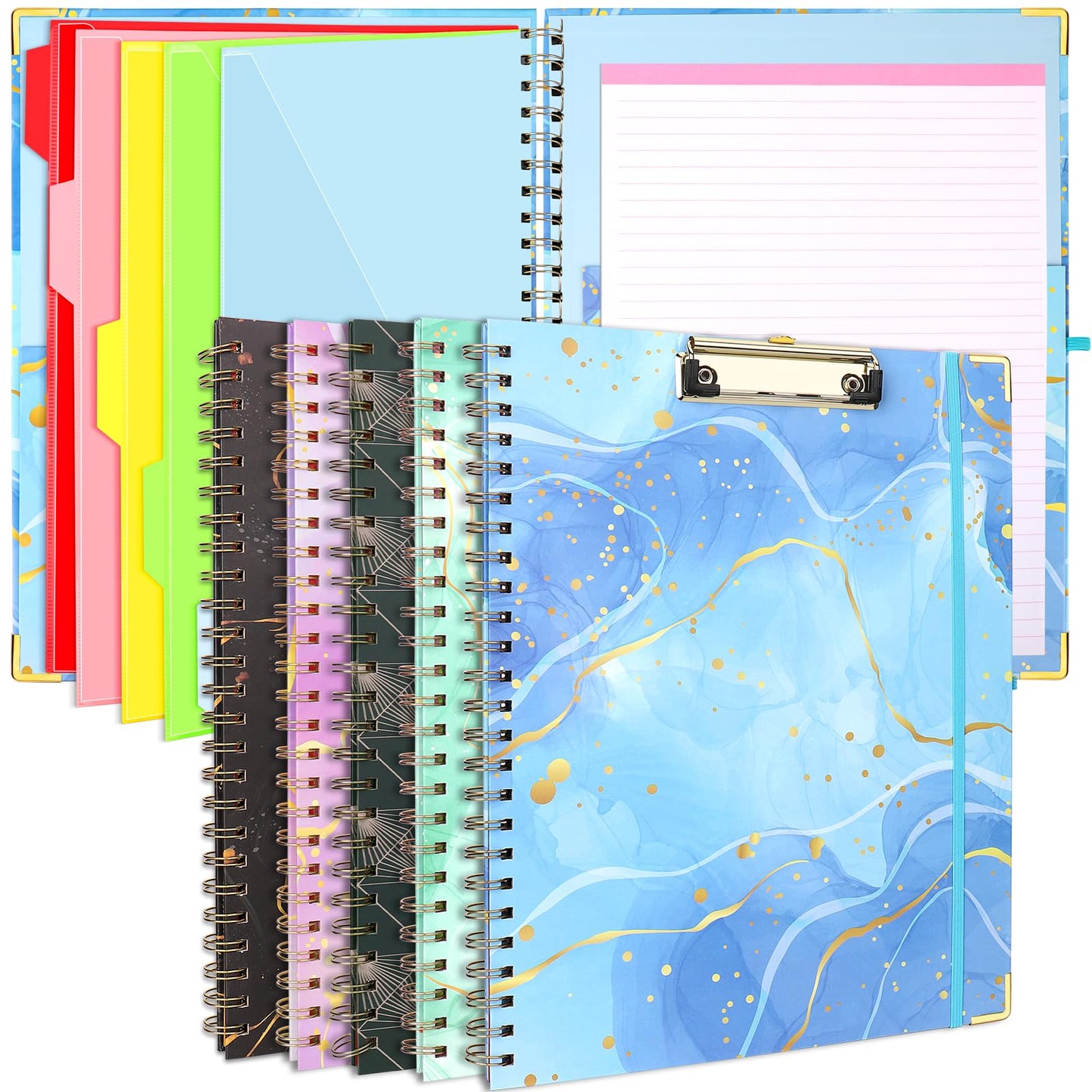 Foldable Spiral Clipboard Folio with Refillable Lined Notepad,5 Plastic Folders with 10 Pockets,Storage Clipboard Folder with Labels,Clipboards with Storage for Office Planner Clip Board-Pale Blue
