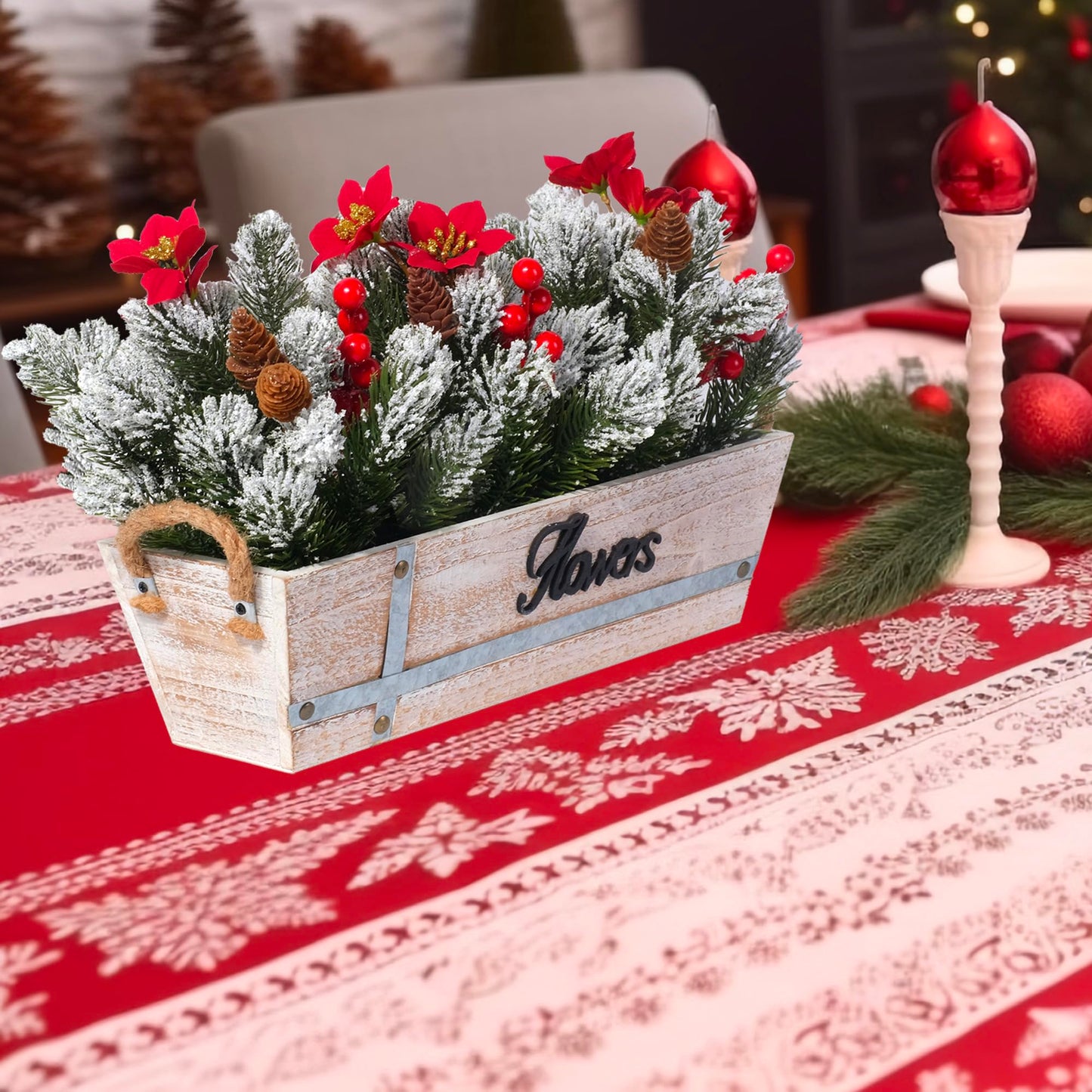 Artificial Christmas Centerpiece with Snowy Norfolk Pine Garland, Poinsettias, Berries & Pine Cones in Rustic Wood Planter – Holiday Table Decoration for Home, Kitchen, Office, or Mantel
