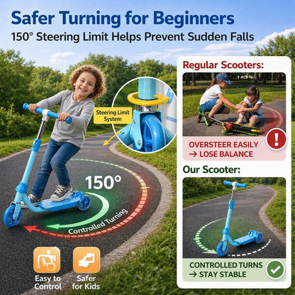 Kids Scooter for Ages 3-7 | Three-Wheel Toddler Kick Scooter with Light-Up Wheels, Adjustable Handlebar & Anti-Slip Deck - Blue