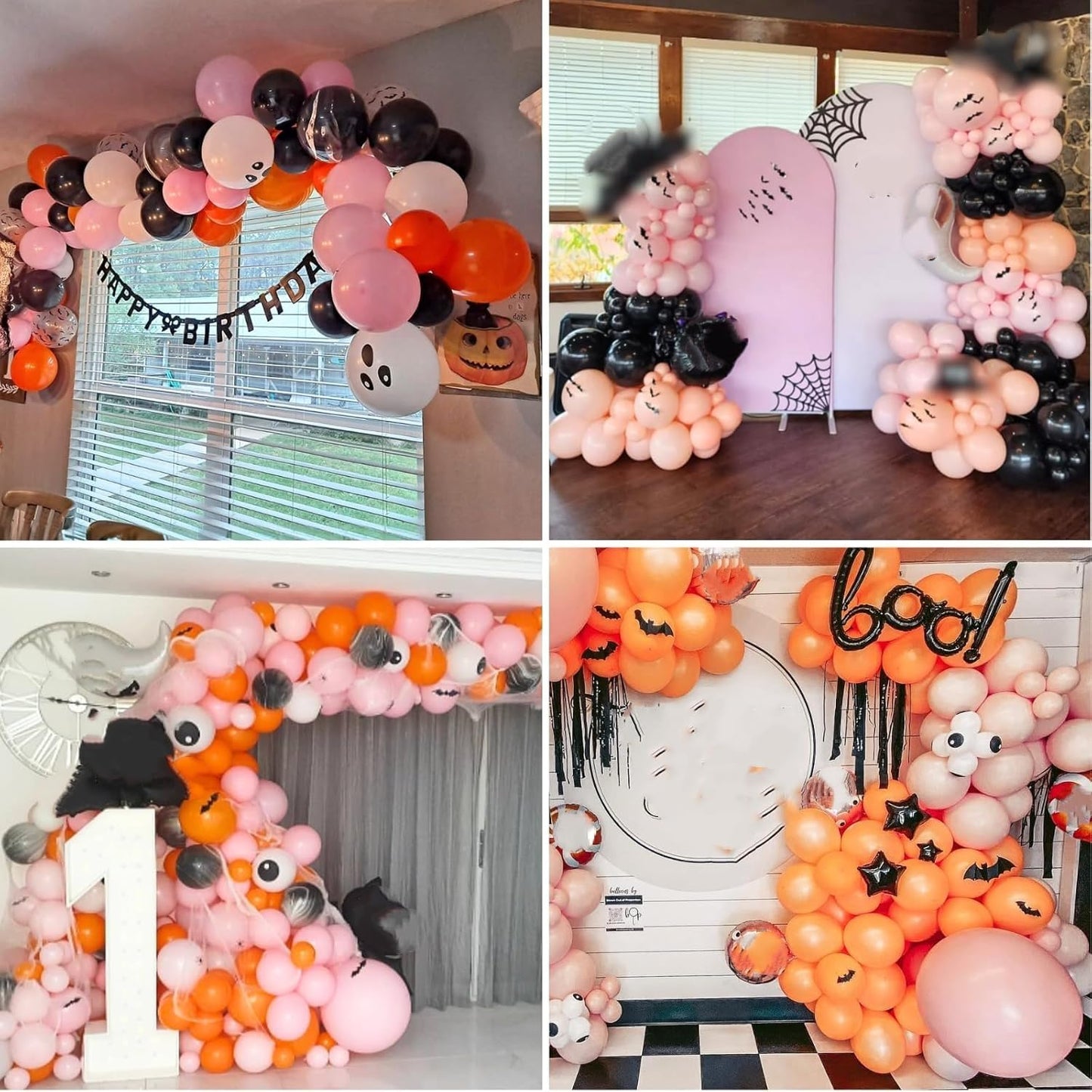 Halloween Balloons Arch Pink Black Orange Balloons Garland with Spider Foil Black Orange Pink Latex Balloon Bat Ghost Eyes Balloon for Party Haunted House Birthday Decorations