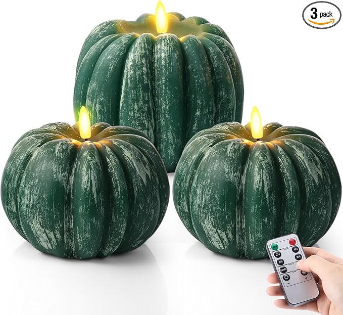 Retisee 3 Pcs Flameless Thanksgiving LED Candle Fall Light up Pumpkin Flameless Candles with Timer Remote Control, 4" 6" h Autumn Farmhouse Rustic Harvest Decor for Home Party(Green)