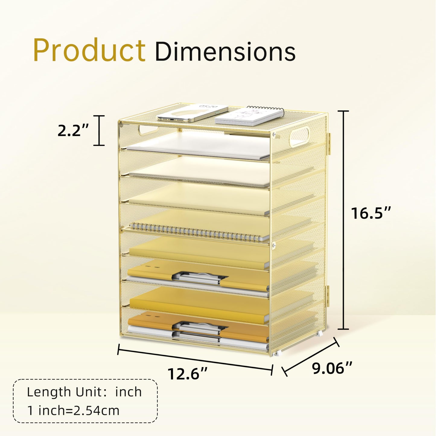 DALTACK 9-Tier Paper Organizer for Desk, Mesh Letter Tray Desk Organizer with Handles, Space-Saving File Organizer for Office Home School, Gold