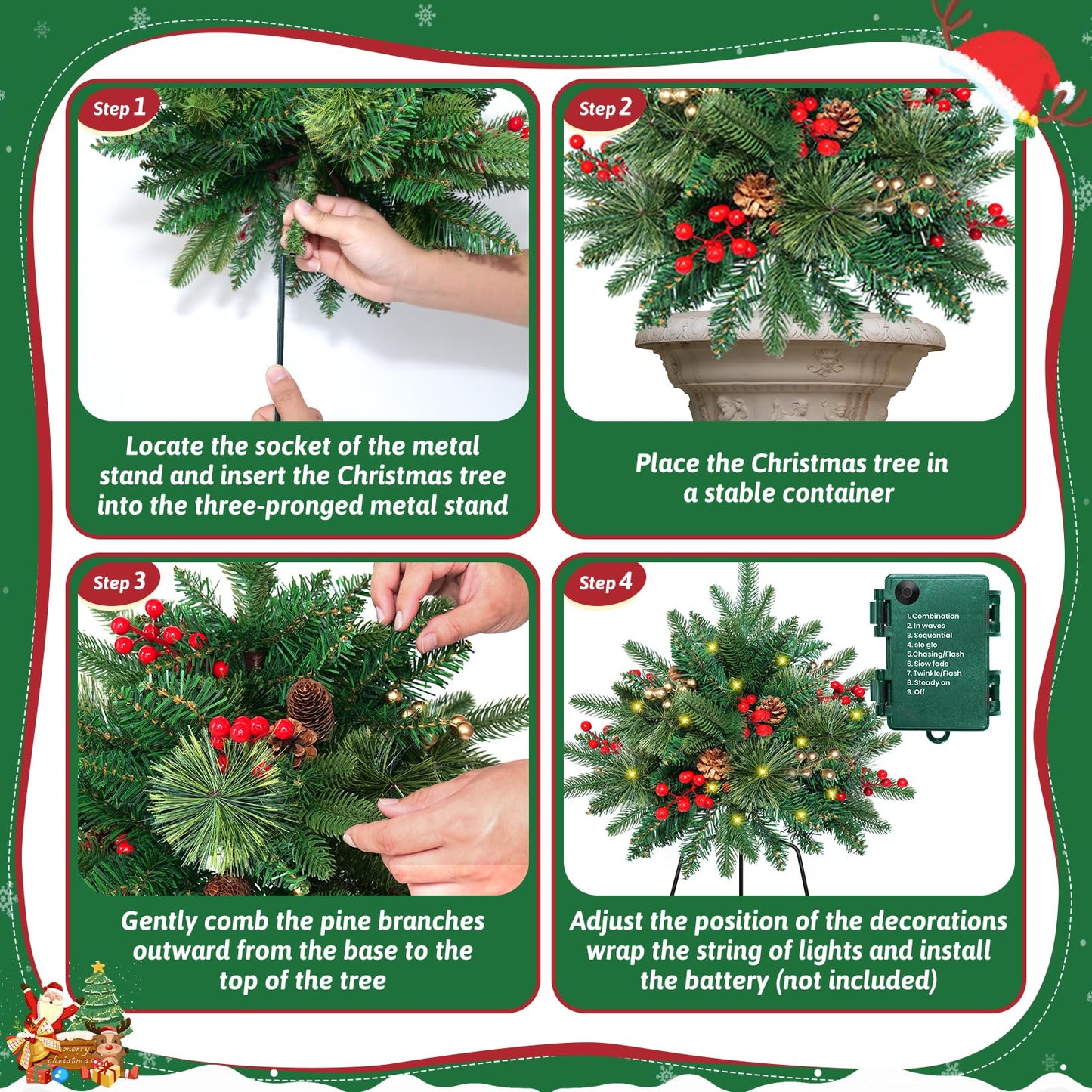 24 Inch Christmas Tree Urn Filler Set of 2, Lighted Xmas Trees with Pine Cones Berries, Christmas Outdoor Decorations for Home Porch Yard