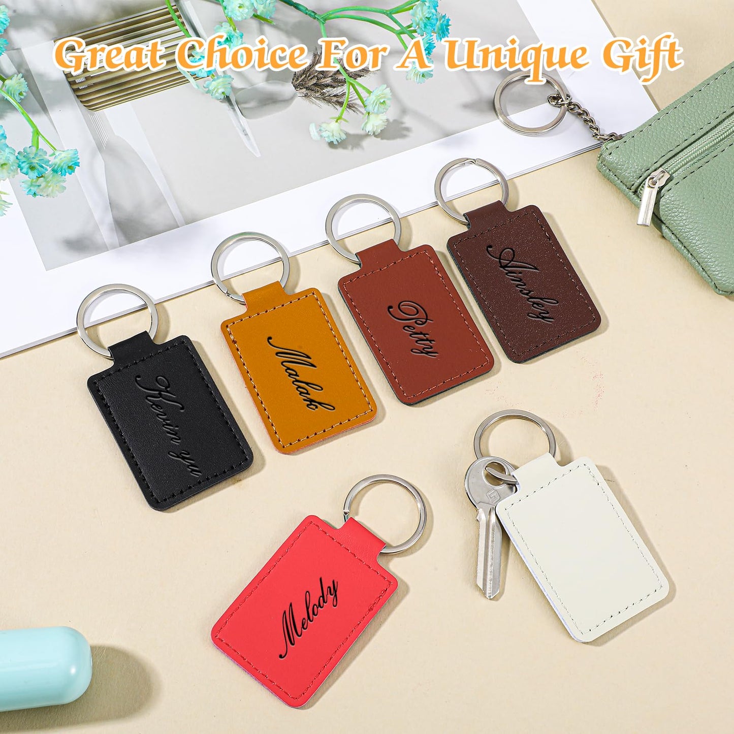60 Pcs Rectangular Leather Keychain Blanks Kit PU Leather Laser Engraving Blanks with Key Rings for DIY Crafting, 6 Colors