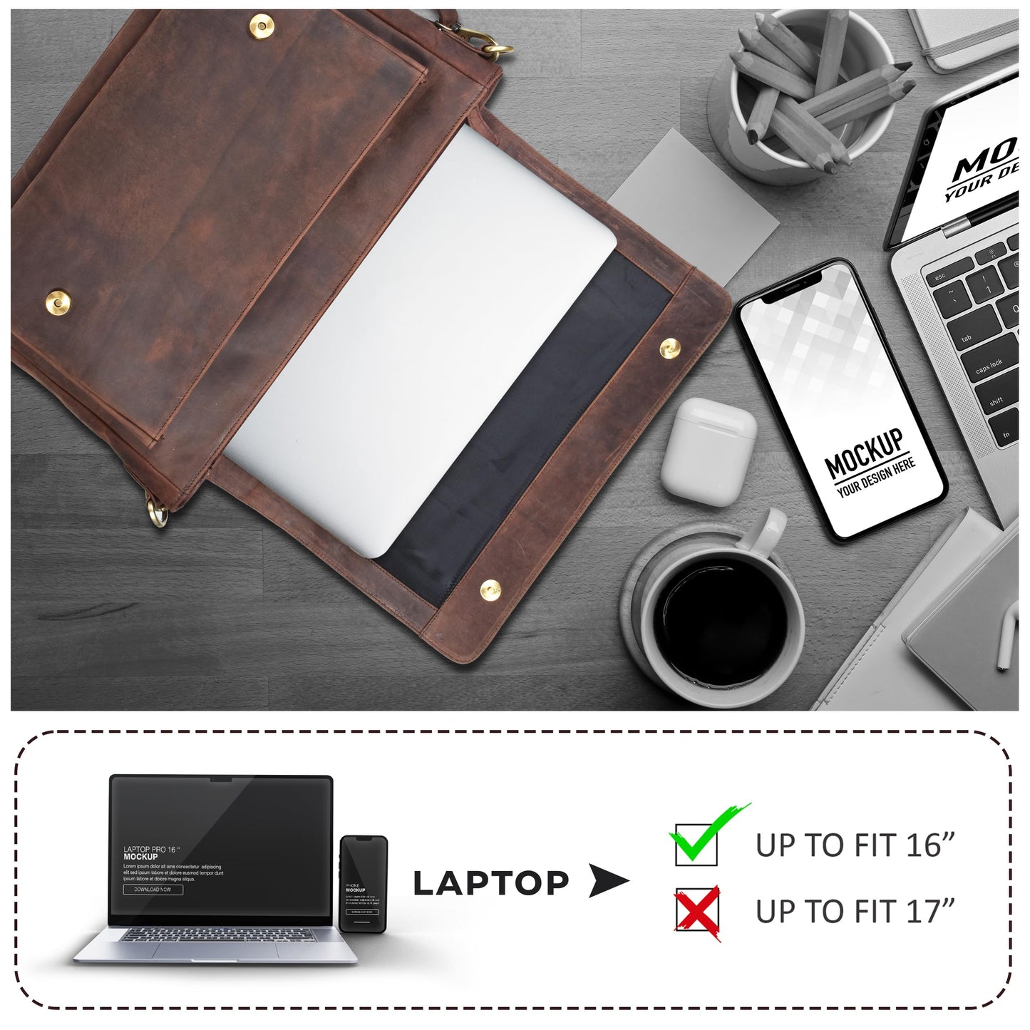 Oak Leathers Leather Messenger Bag for Men and Women - Laptop Briefcase Bag For College, Office, Adjustable Shoulder Strap (Wood)