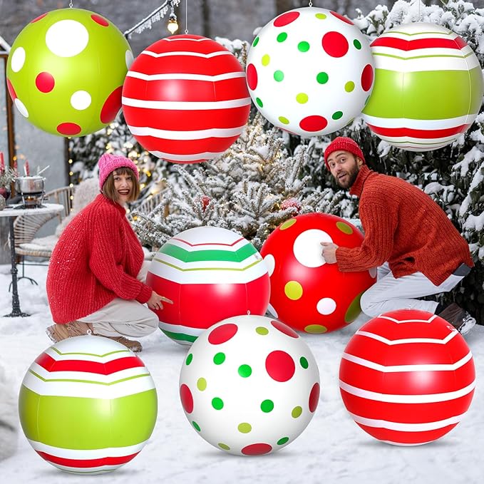 12 Pcs 24/16 Inch Giant PVC Christmas Inflatable Ball Outdoor Blow up Xmas Inflatables Ornaments Giant PVC Christmas Ornaments for Tree Yards Lawns Porch Garden Front Doors Holiday Decor(24 Inch)