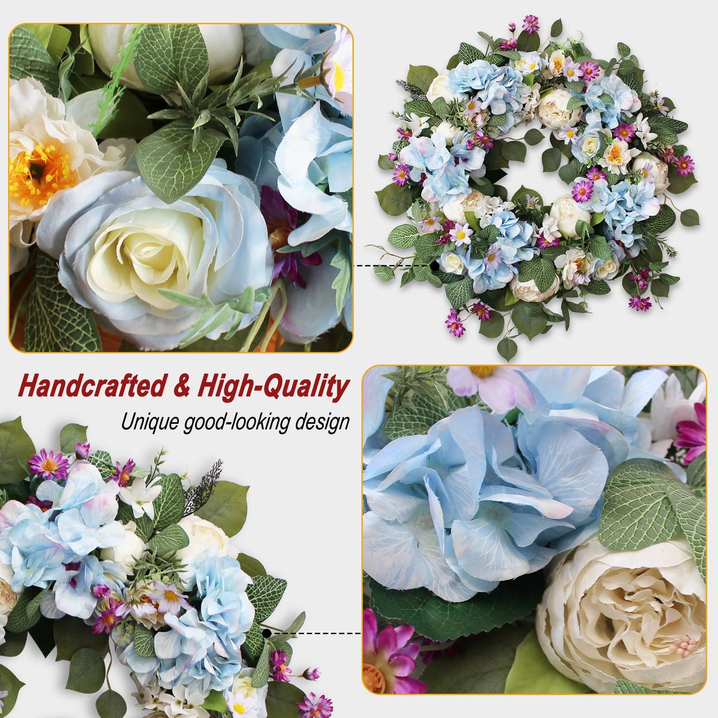 24 Inch Spring Wreaths for Front Door, Spring Wreath,Blue Hydrangea Wreath,Large Spring Summer Door Wreaths for Front Door Outside All Season Home Decor (Blue)