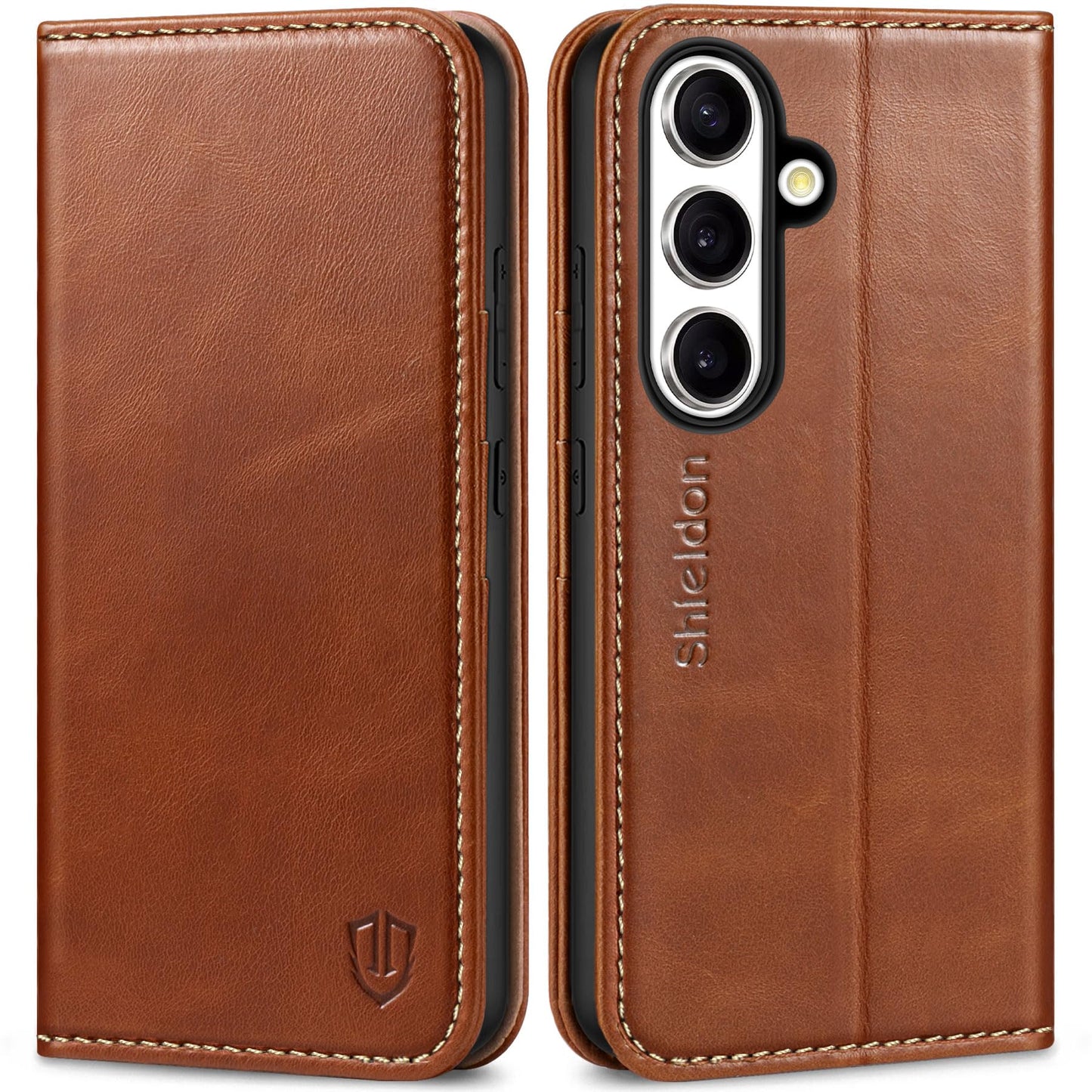 SHIELDON Genuine Leather Wallet Case for Galaxy S25 6.2" 2025, Retro Brown