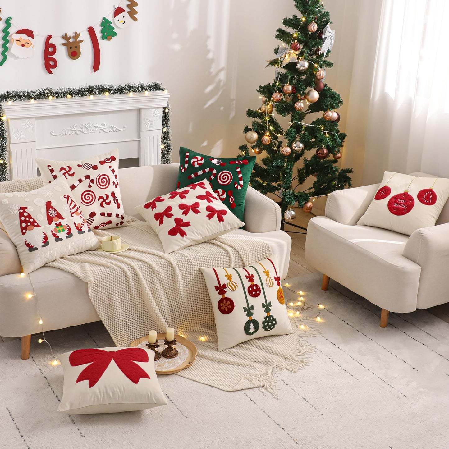 Tosleo Red Bow Pillow Covers 18 x 18 inch Set of 2 Velvet Embroidery Throw Pillow Cover Merry Xmas Party Decor Pillowcase Winter Holiday Cushion Case