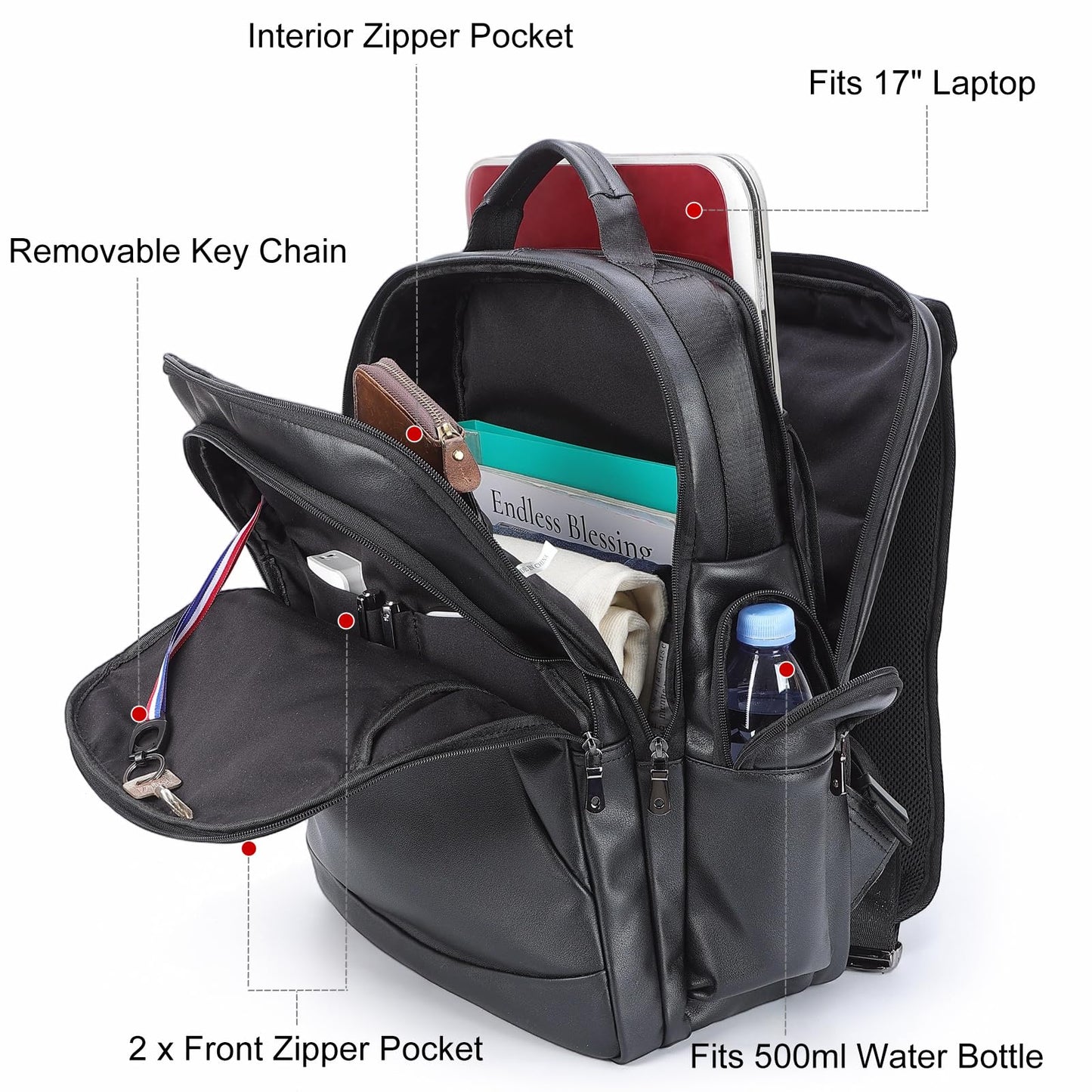 TIDING Genuine Leather Backpack for Men Large Capacity 17.3 Inch Laptop Bag Black Waterproof Business Work Travel Daypack