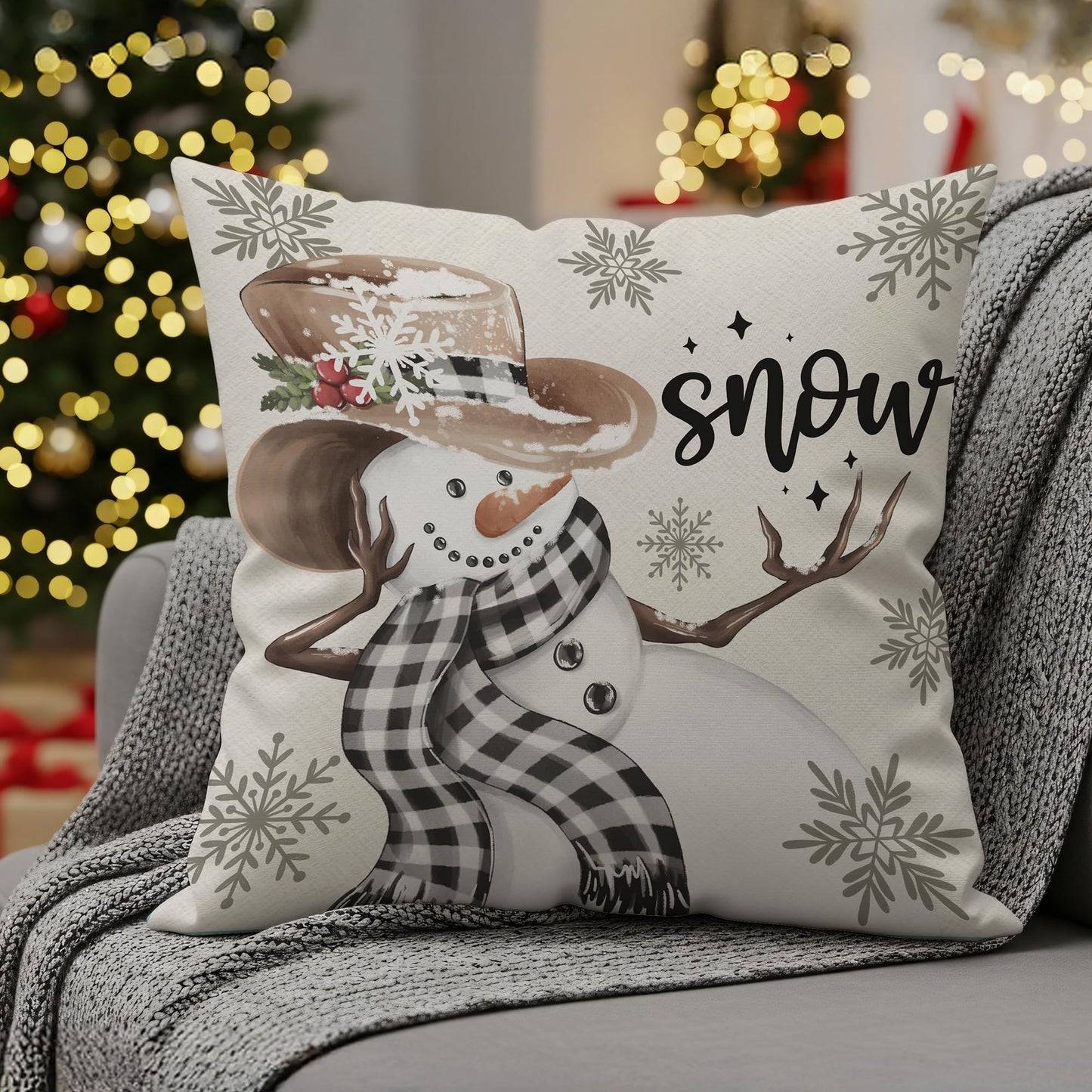 BoopZilla Set of 4 Christmas Pillow Covers, Winter Holiday Decorative Throw Pillow Covers, Cute Snowman-Reindeer-Mittens-Eucalyptus Design, Cozy Christmas Decor for Sofa Couch (18" x 18" (Pack of 4))