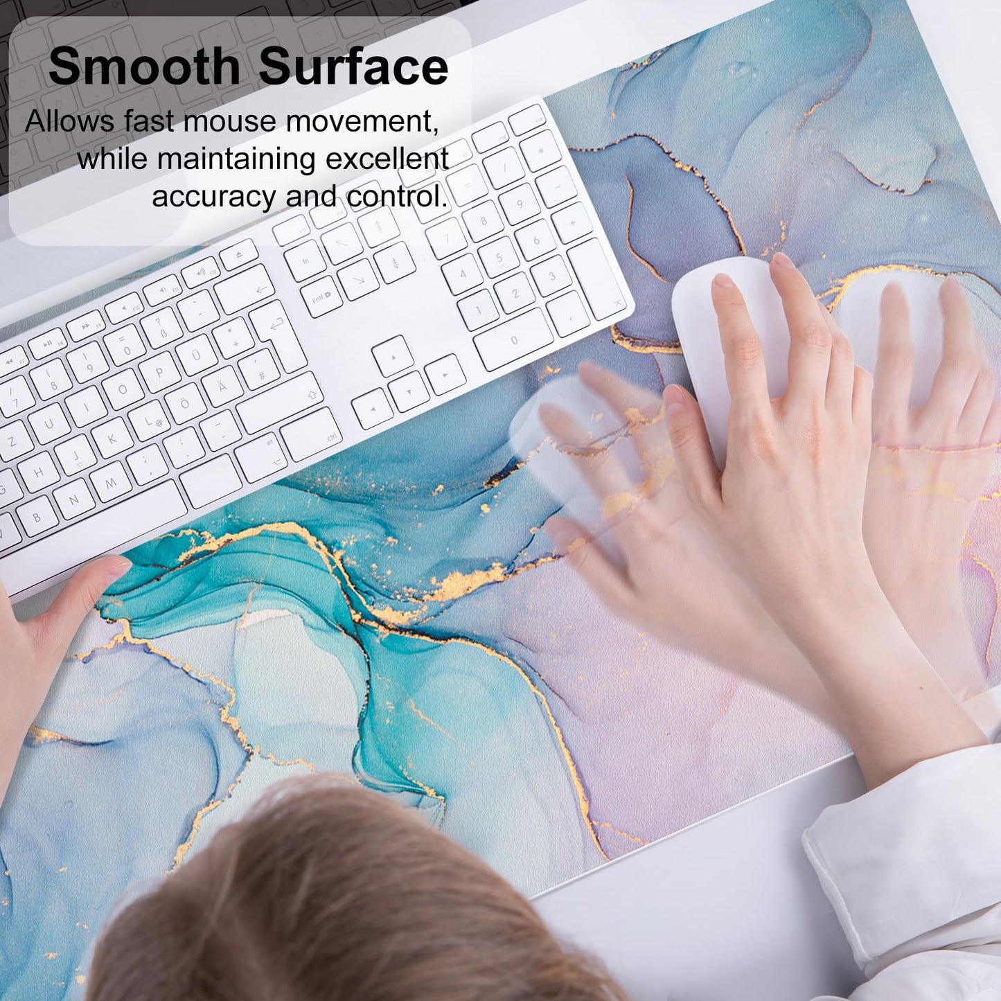 QIYI Large Mouse Pad, PU Leather Desk Mat for Desktop, Waterproof Gaming Desk Pad, Marble Full Desk Accessories Keyboard Mousepad, Abstract Art Home Office Décor 31.5" x 15.7" - Blue Pink Fluid