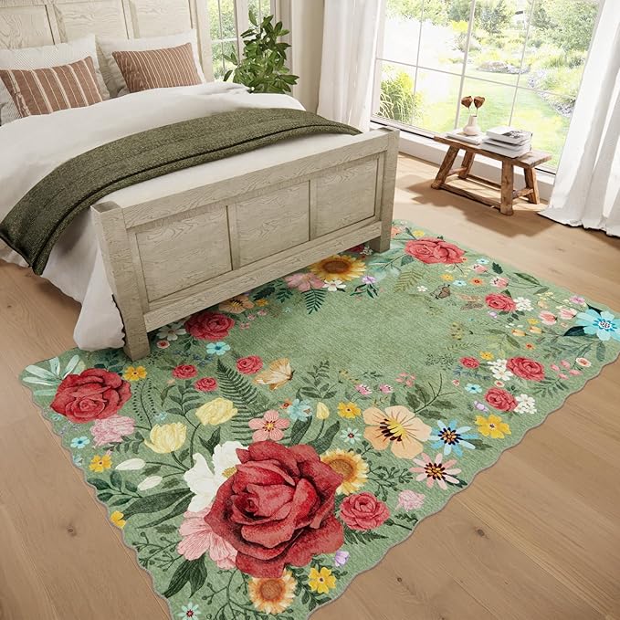 Washable Rugs for Living Room: 6x9 Area Rugs for Bedroom Soft Ultra Thin Stain Resistant Non Slip Low Pile Lightweight Vintage Floral Carpet for Dining Room Decor (Green)