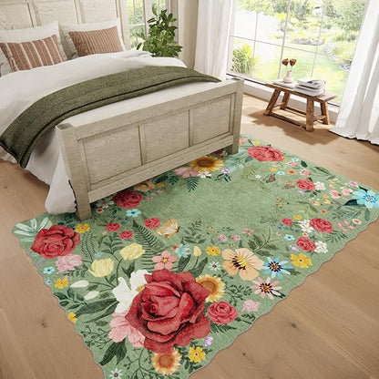 Washable Rugs for Living Room: 6x9 Area Rugs for Bedroom Soft Ultra Thin Stain Resistant Non Slip Low Pile Lightweight Vintage Floral Carpet for Dining Room Decor (Green)