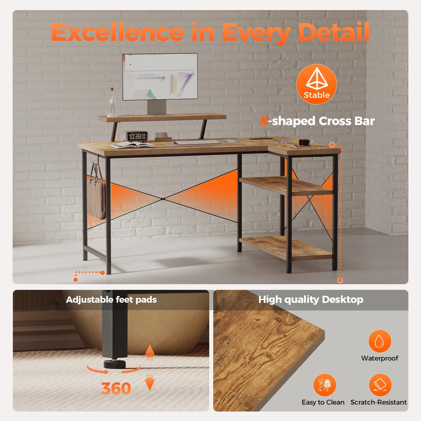 Mericonia Small L Shaped Computer Desk with Power Outlets, Reversible Gaming Desk with Storage Shelves & Monitor Stand, Corner Gamer Desk Table, Study Writing Table