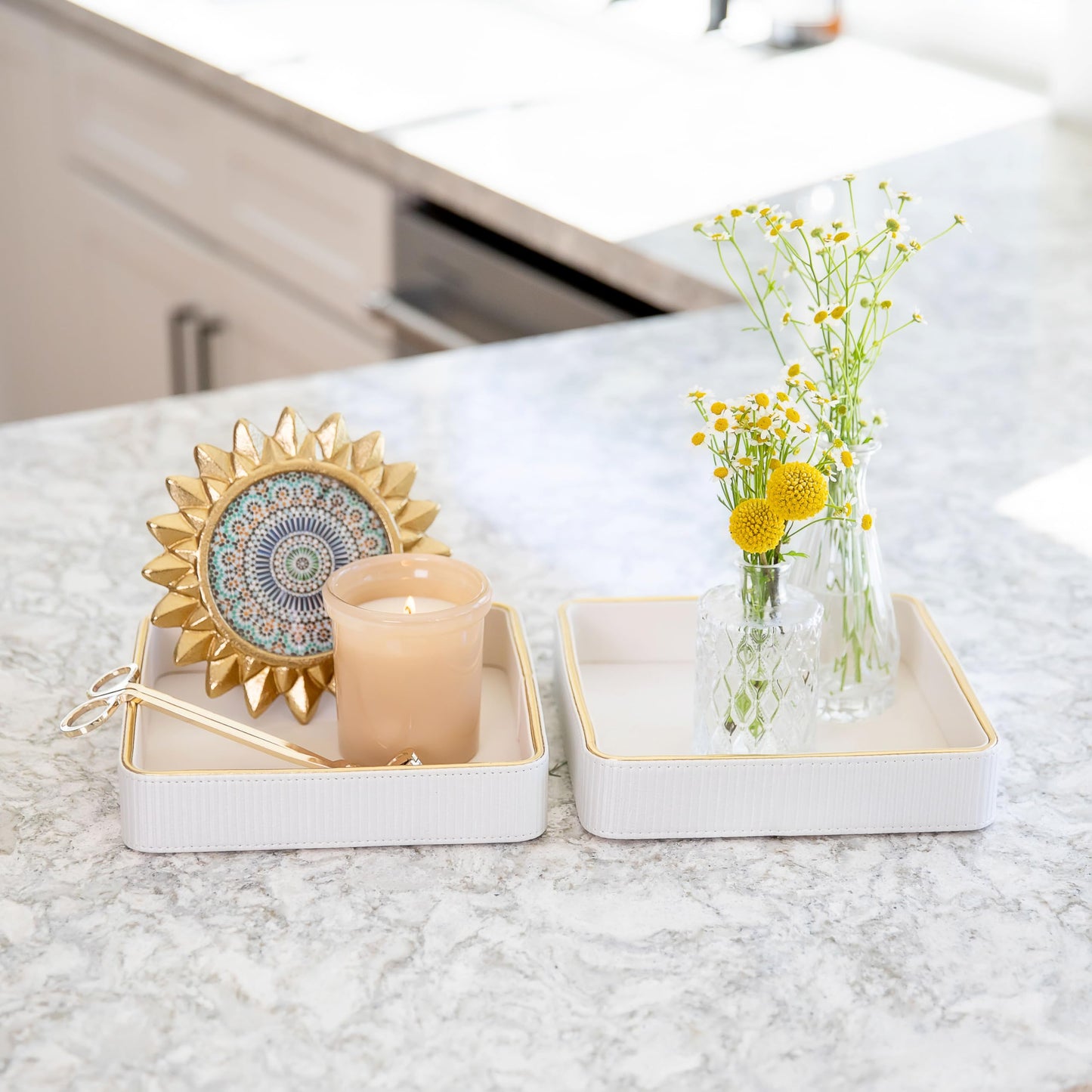 2 Pack White Catch All Trays for Jewelry| Small Leather Valet Tray| Key Bowl for Entryway Table EDC Trinket Tray Catch All| Perfume Trays for Dresser Organizer Perfume Holder (Set of 2)