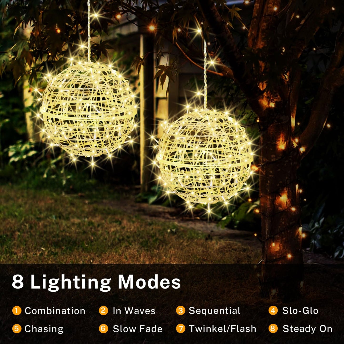 Outdoor Christmas Balls Lights 4 Pack Hanging 7.1" LED Garden Sphere Tree Lights 8 Modes Waterproof Glow Globe Lights with Memory Timer Plug for Party Yard Porch Eave Patio Xmas Decorations-Warm White