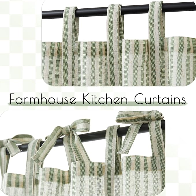 jinchan Tie Top Linen Kitchen Curtains 24 Inches Striped Tier Curtains Farmhouse Modern Cafe Style Small Window Treatments Airy Light Filtering Rod Pocket for Living Room Bathroom 2 Panels Sage Green