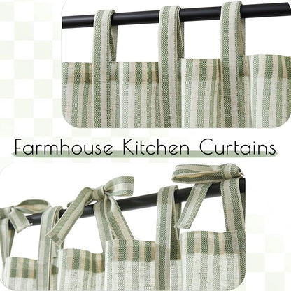 jinchan Tie Top Linen Kitchen Curtains 24 Inches Striped Tier Curtains Farmhouse Modern Cafe Style Small Window Treatments Airy Light Filtering Rod Pocket for Living Room Bathroom 2 Panels Sage Green