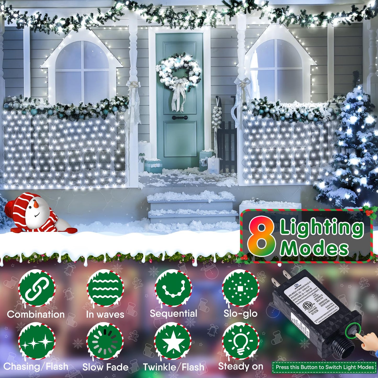 Hezbjiti Christmas Net Lights Outdoor 200 LED 6.9FT x 5.4FT Green Wire with 8 Modes, Connectable Plug in Waterproof, Timer Memory Function for Xmas Tree Bush Porch Lawn Windows Decor（2 Pcs Cold White