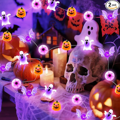 Halloween String Lights, 16 ft 50 LED Pumpkin Bat Eyes Ghost Battery Operated Lights for Lawns Garden Outdoor Holiday Party Halloween Decorations (2 Pack)