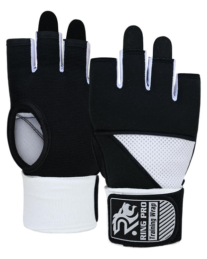 RING PRO Boxing Gel Hand Wraps Quick Inner Gloves with Wrist Support, Woven Elastic Training Wraps for Boxing, MMA, Muay Thai & Kickboxing, Men & Women (Black/White, X-Large)