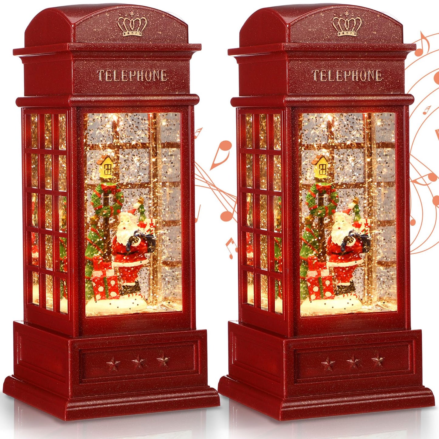 Riakrum 2 Pcs Christmas Snow Globe Lantern Phone Booth 9.8 Inch Battery or USB Operated Red Glitter Musical Singing and Lighted Water Night Light Centerpiece for Xmas Party Decoration