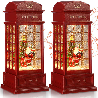 Riakrum 2 Pcs Christmas Snow Globe Lantern Phone Booth 9.8 Inch Battery or USB Operated Red Glitter Musical Singing and Lighted Water Night Light Centerpiece for Xmas Party Decoration