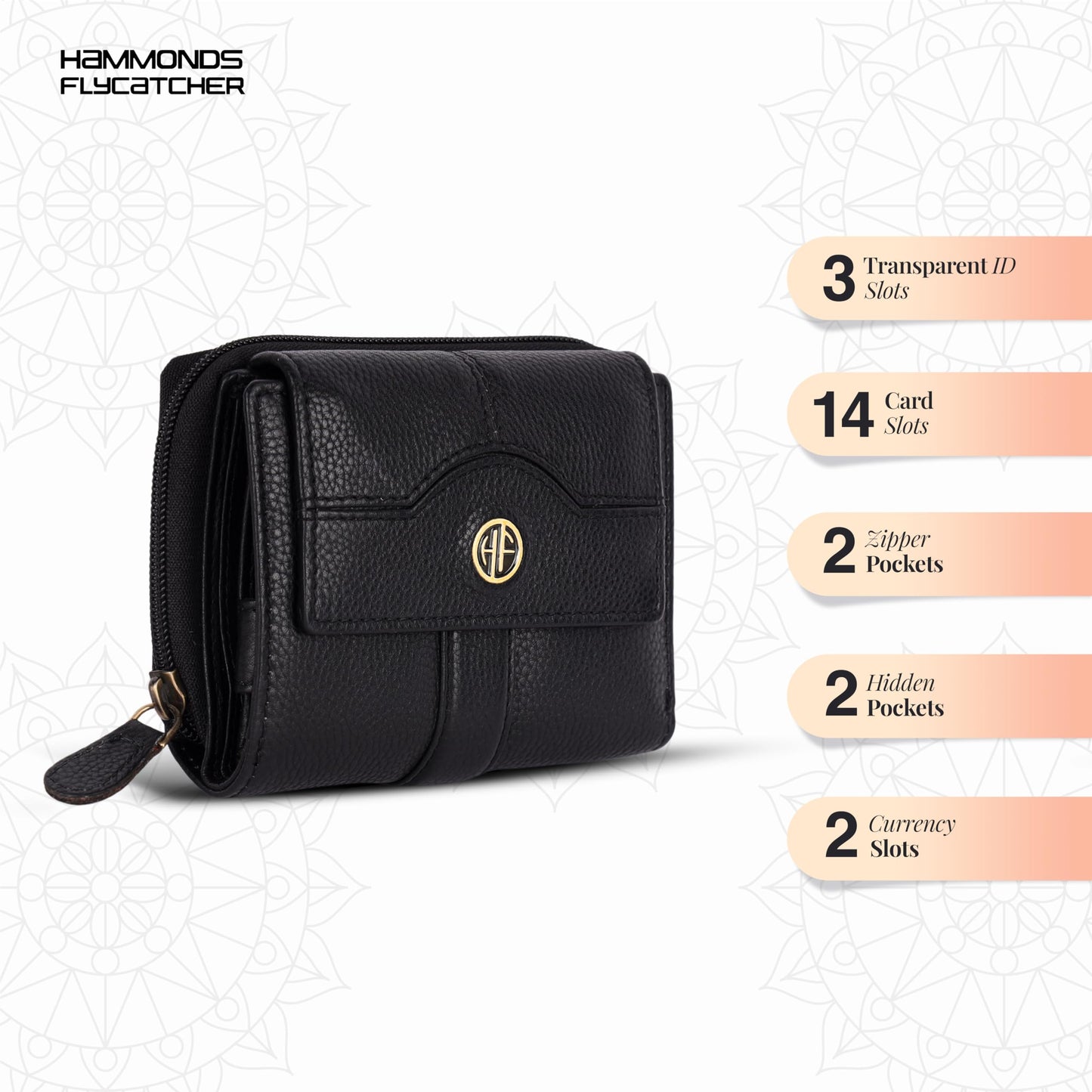HAMMONDS FLYCATCHER Leather Ladies Wallet for Woman with 14 Card Slots - Clutch Purse for Women, Ladies Wallet for Women Stylish, Ladies Purse for Women Wallet, Purse for Woman, Black, 12.5 cm x 3 cm