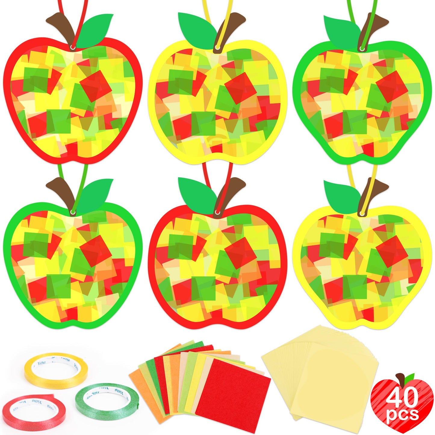 Renbuzhu 40PCS Back to School Apple-Shaped Crafts Bulk: Tissue Paper Sign Suncatchers, First Day of Classroom Activities DIY Kit, Fall Decorations, Window Stained Glass Effect Art Supplies