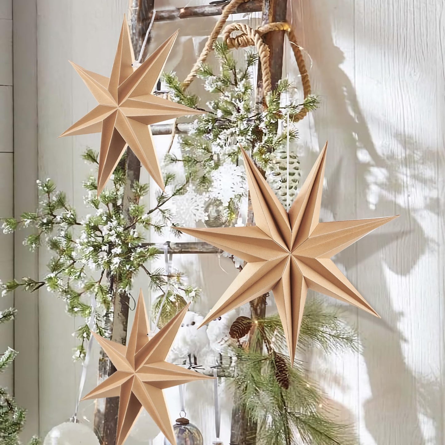 Christmas 3PCS 12inch 7-Pointed Wood Brown Paper Star Hanging Decoration Set Holiday Decor Stars Shape Landerne for Birthday Party Tree Xmas Home Decor
