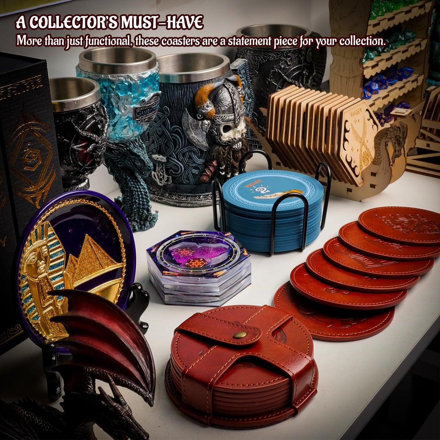 CZYY DND Coaster Set, Set of 6 Faux Leather Coasters with Storage Holder, Embossed with Dragon, Beholder, Mimic, Cthulhu, D20 & Dungeon Master, DND Inspired Gift for DM & Gamer