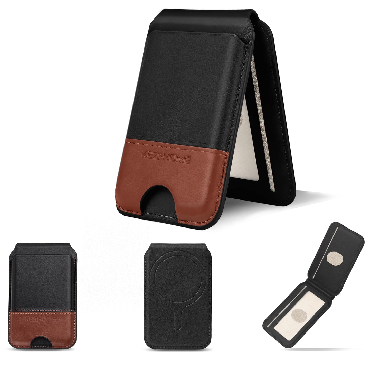 KEZiHOME for MagSafe Phone Wallet, Genuine Leather 5-6 Card Holder[RFID Blocking] with Adjustable Stand, Strong Magnetic Wallet for Men compatible with iPhone 17/16/15/14/13/12 Series (Black/Brown)