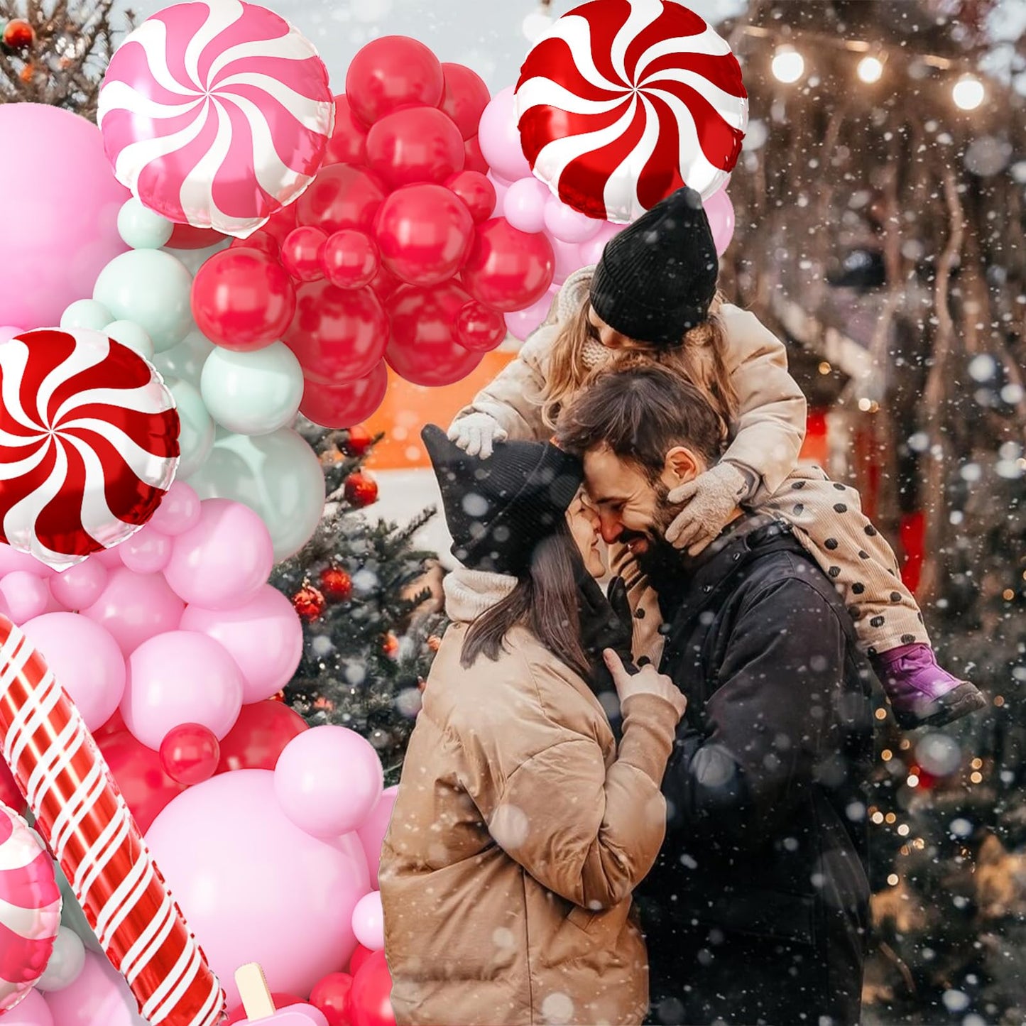 Merry Christmas Balloon Arch Kit Pink Balloon Garland, 112pcs Christmas Decorations Pink Red Green Balloons with Windmill Cane Foil Balloon, Baby Shower Xmas Party Supplies Decor