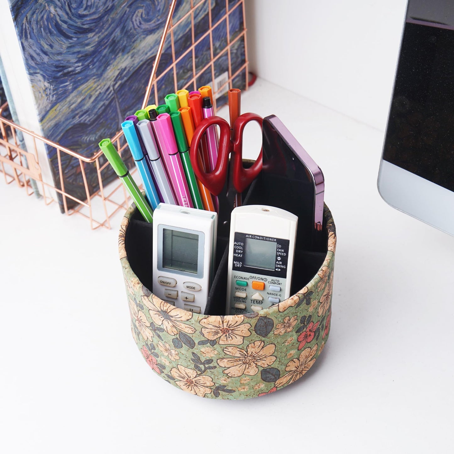 Lvkjafaz Round Leather Art Supply Organizer,Remote Control Holder,360 Degree Spinning,Multi-Functional Pencil Holder,4 Compartments Desktop Stationary Organizer(1-Wood Leather Green)