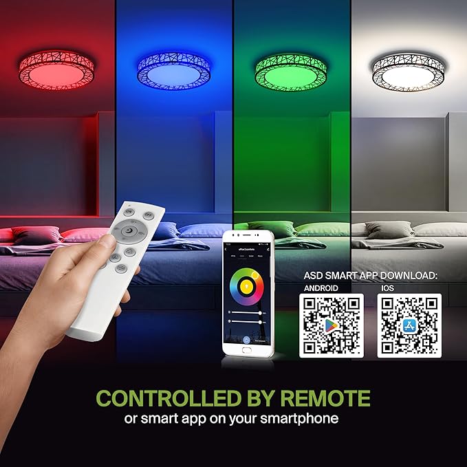 ASD 12 Inch Smart RGBW Flush Mount Ceiling Light with Remote - Matte Black 20W 120V 2700-6500K Dimmable Ceiling Light Fixture, WiFi App Control RGB Lights, Alexa & Google Assistant - ETL