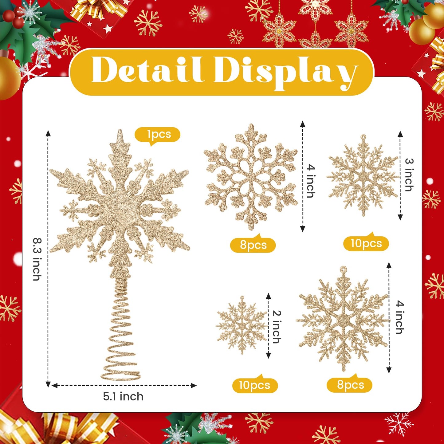 Teenyyou 36 Pcs Snowflake Christmas Tree Decoration 1 Pcs Glitter Star Tree Topper Snowflake Hanging Ornaments for Craft Christmas Trees DIY Indoor Ceiling Winter Party Decoration(Champagne)