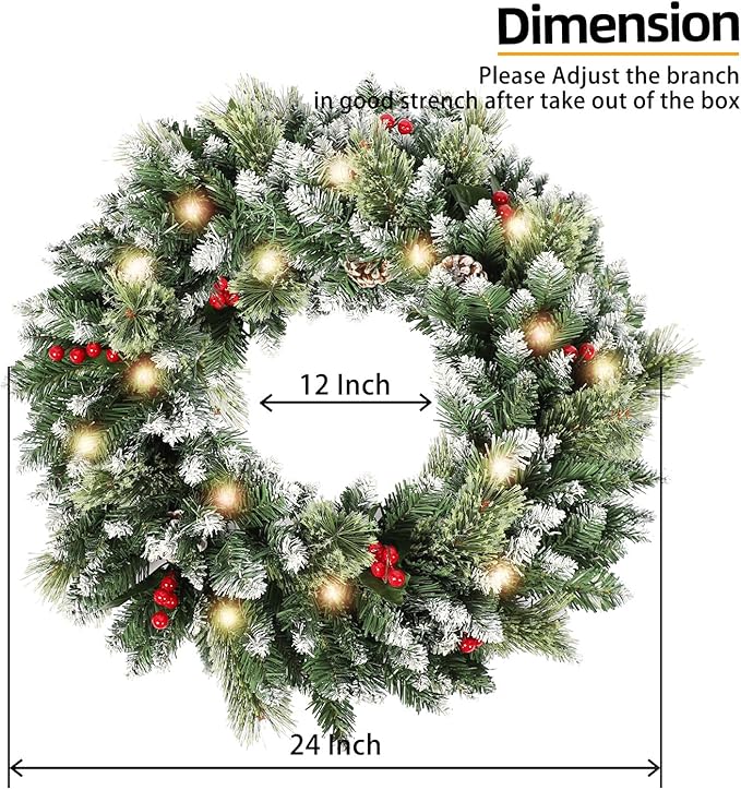 24 Inch Christmas Wreaths for Front Door with Lights,Lighted Artificial Flowering Pine Door Wreath,Prelit Faux Green Winter Wreath with Pine Cones and Red Berry for Indoor Outdoor Decor