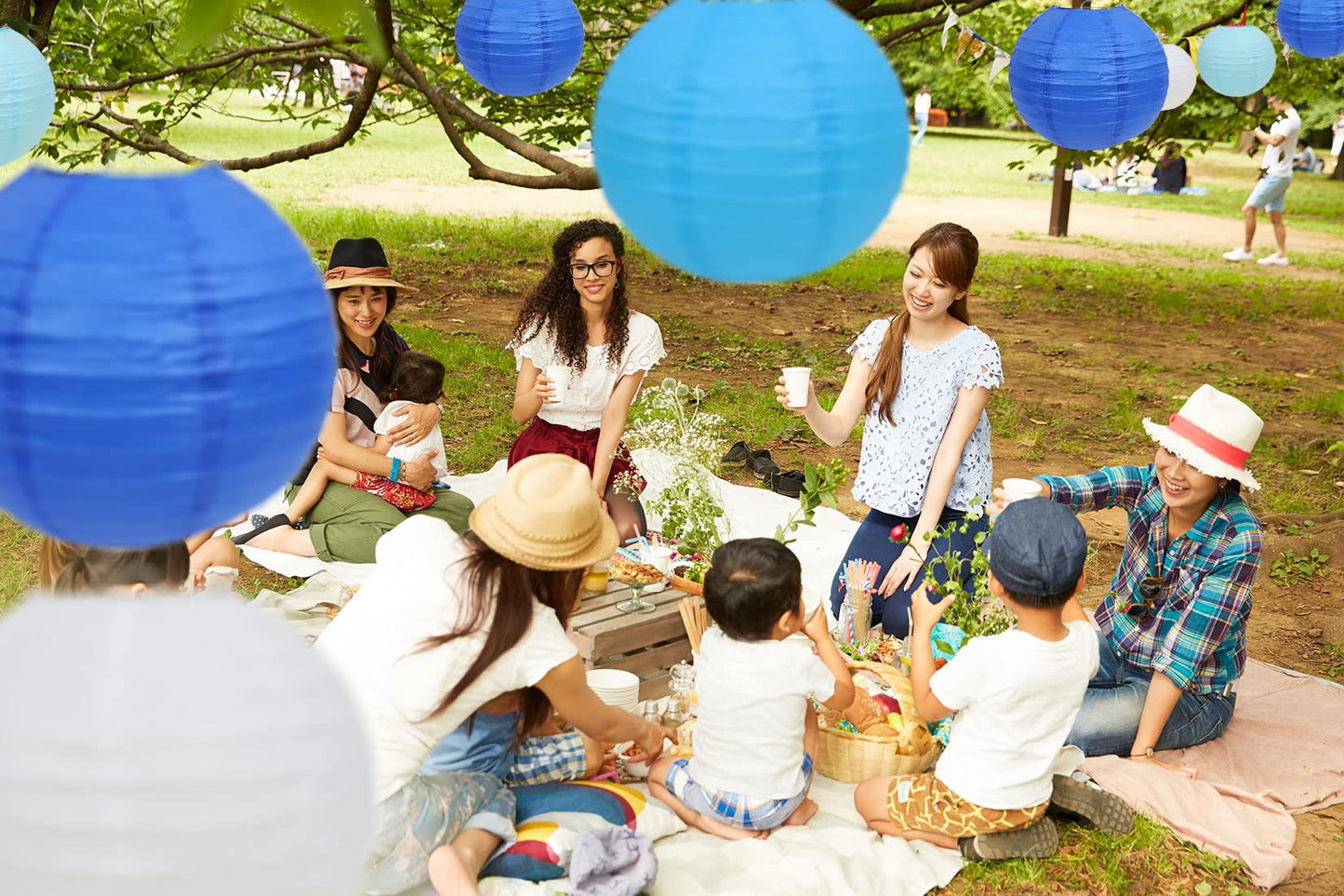 LURICO 16 Pcs Blue/White Paper Lanterns (Size of 4”, 6”, 8”, 10”) - Chinese/Japanese Paper Hanging Decorations Ball Lanterns Lamps for Home Decor, Parties, and Weddings