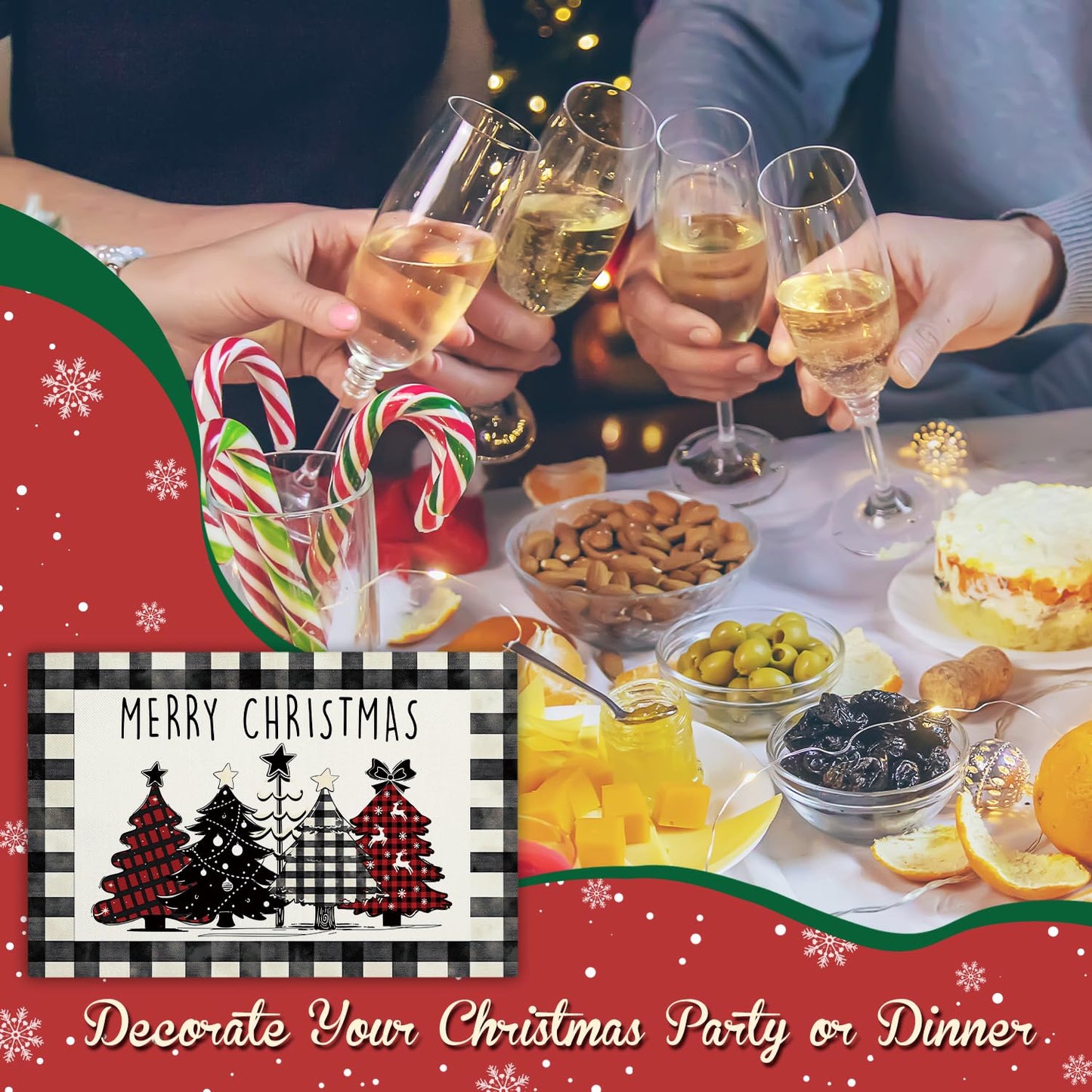 Christmas Tree Snowflakes Placemats Set of 4 Winter Gifts for Christmas Women Rustic Holiday Plaid Placemats Decor for Xmas Party Outdoor Home Kitchen Dining Recyclable Table Mats 12x18 inch - DH713