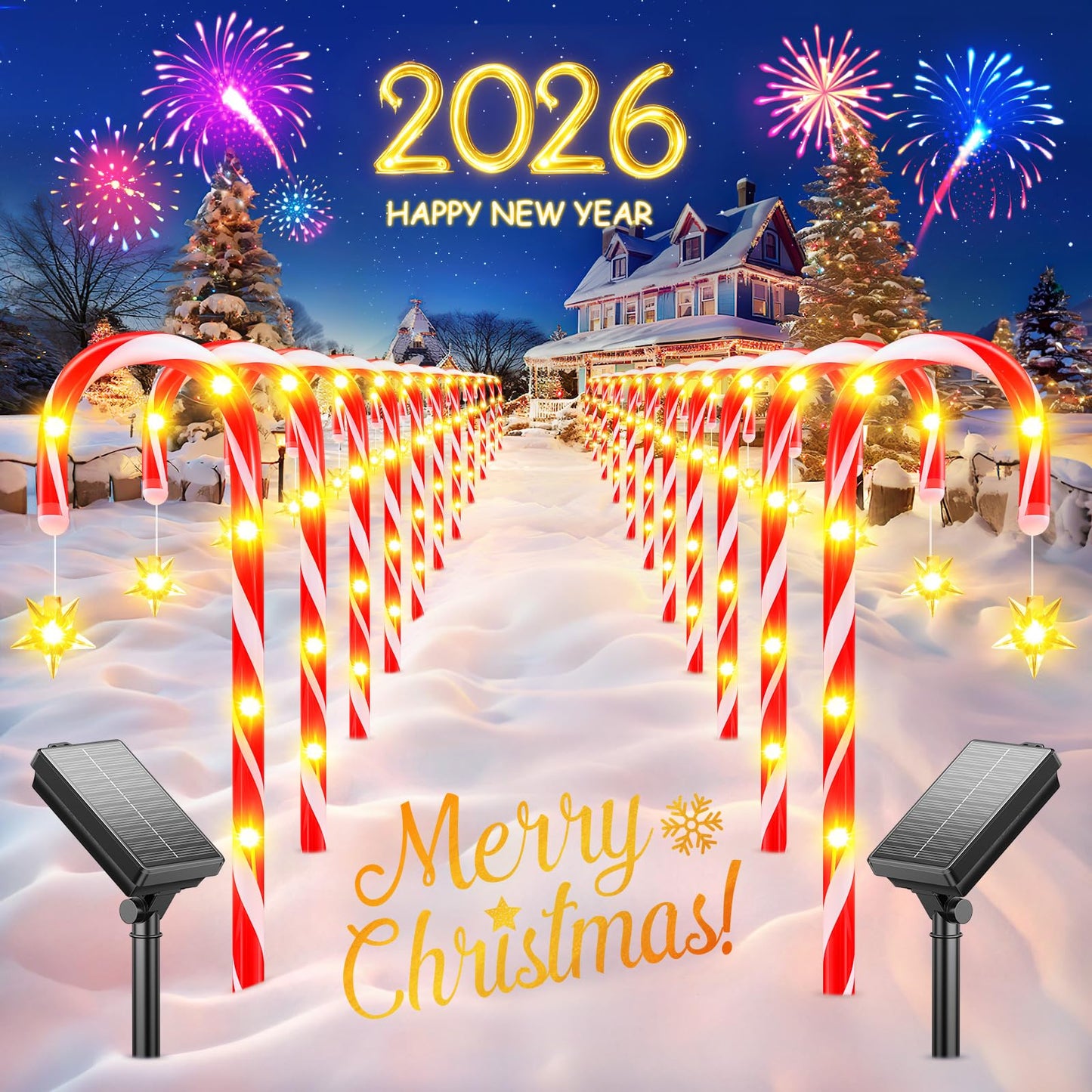 24 Pack Upgraded Solar Candy Cane Lights Outdoor, Christmas Decorations Outdoor Solar Christmas Pathway Lights Waterproof with USB Charging 10 Modes for Yard Garden Lawn Path Walkway Party Xmas Decor