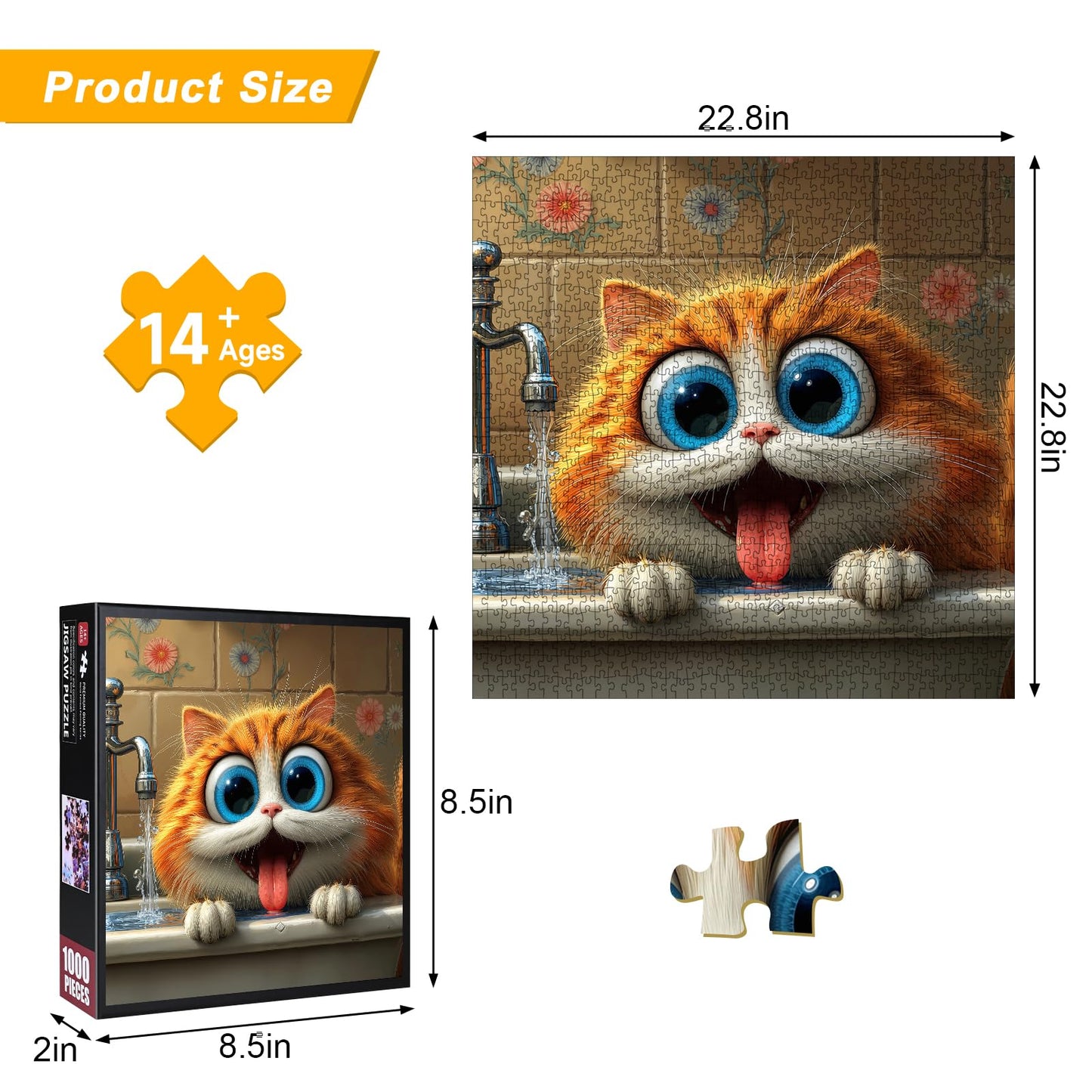 1000 Piece Jigsaw Puzzle, Orange Cat with Blue Eyes Drinking Water