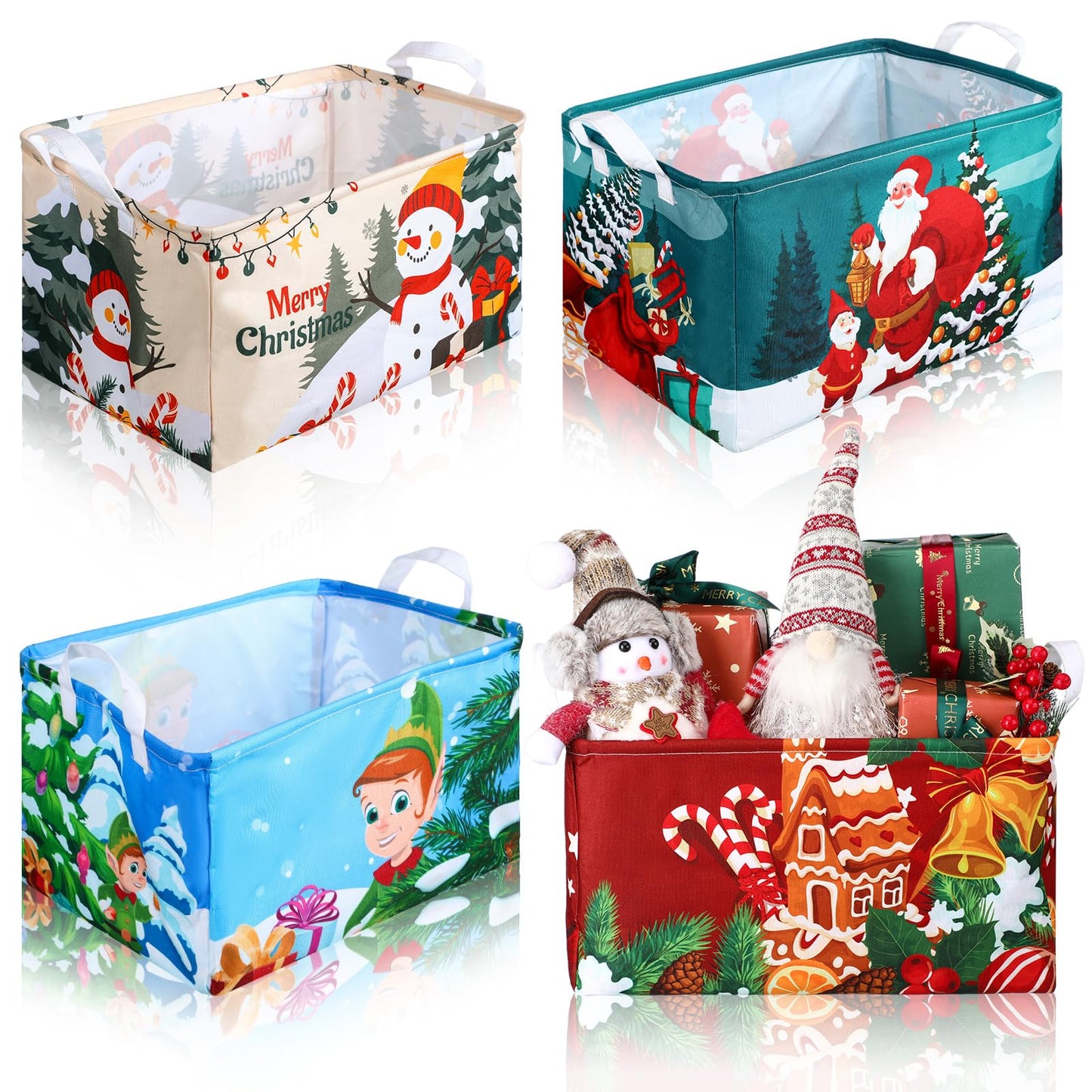 Breling 4 Pcs Christmas Storage Basket Gingerbread Man Santa Claus Snowman Basket with Handles Large Collapsible Storage Bins Boxes for Xmas Gift Laundry Shelves Home Office, 15 x 10 x 8 Inch