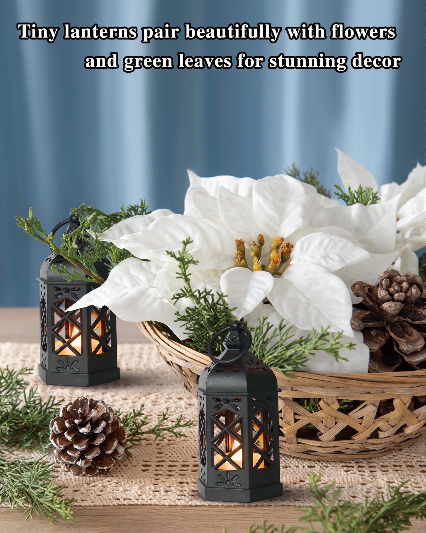 Reperla 12-Pack Mini Lanterns with Flickering LED Candles for Ramadan, Moroccan Decorative Hanging Lanterns for Halloween, Christmas, Wedding, Black Lantern for Table Centerpiece, Home & Party Decor
